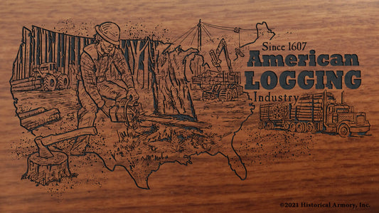 American logger chain sawing a tree, loading logs with machinery Engraved Rifle Buttstock
