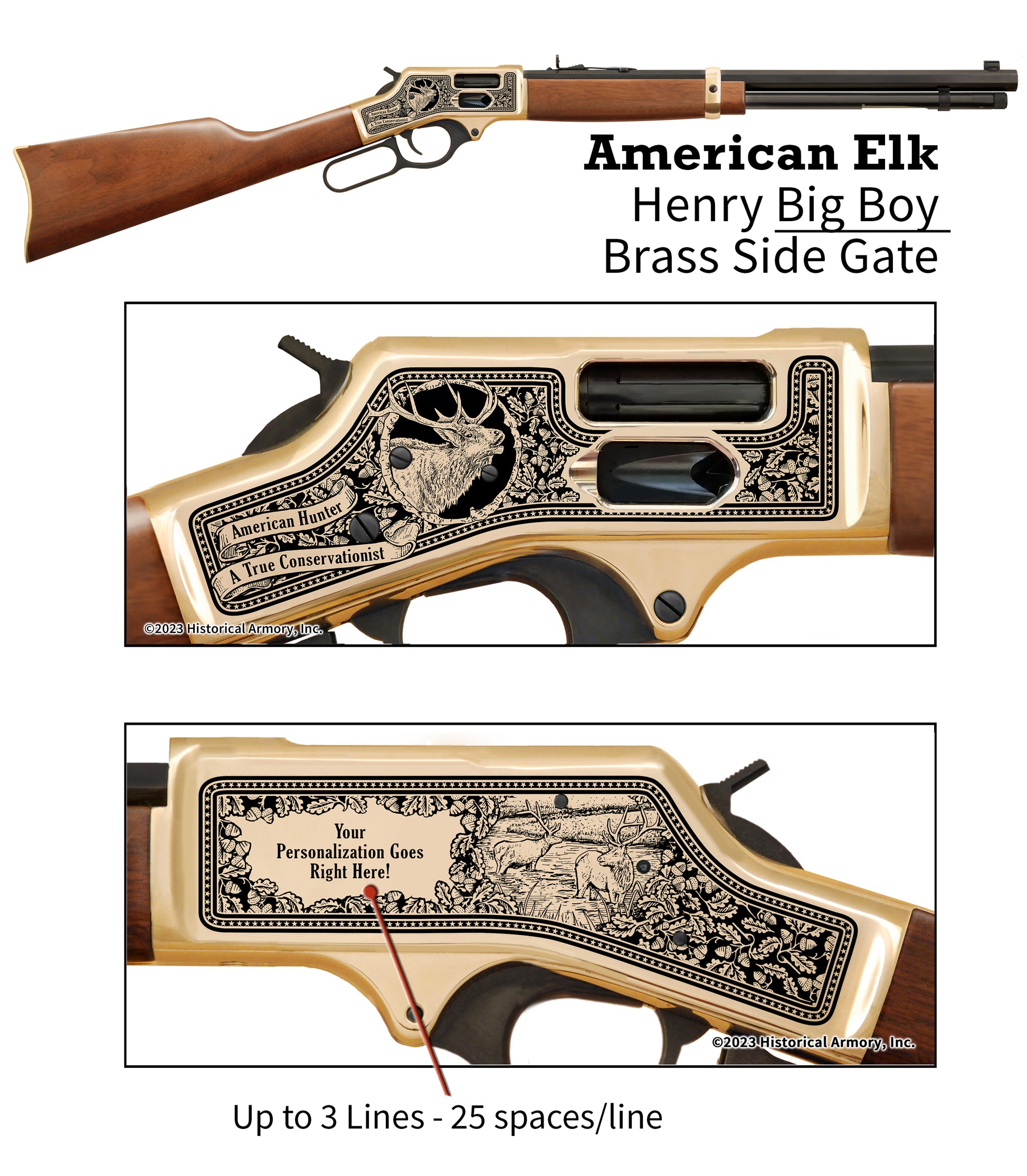 American Elk Personalized Hunter engraved on Henry Brass Big Boy Side Gate Rifle