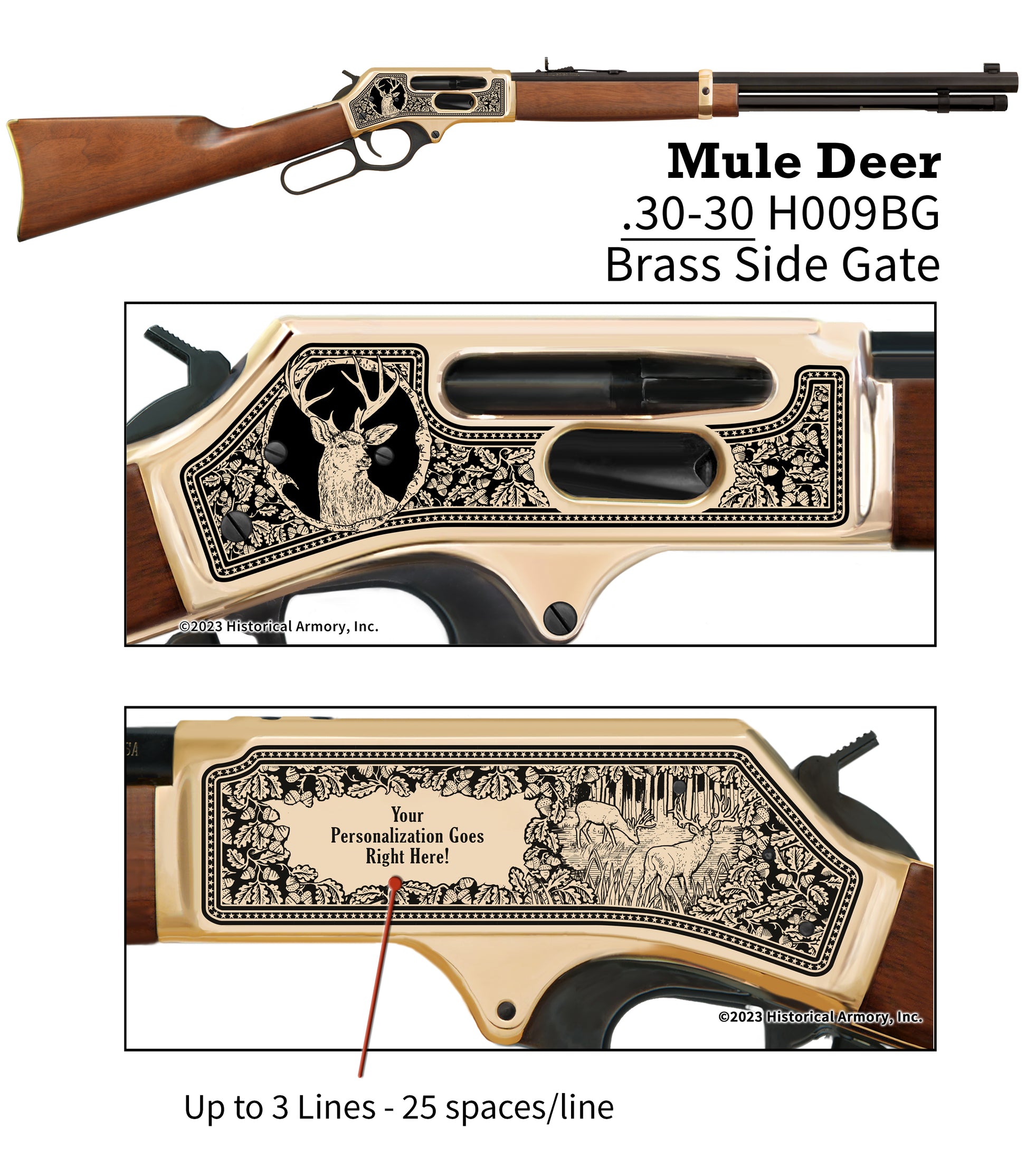 Mule Deer Personalized Hunter engraved on Henry Brass .30-30 Side Gate Rifle
