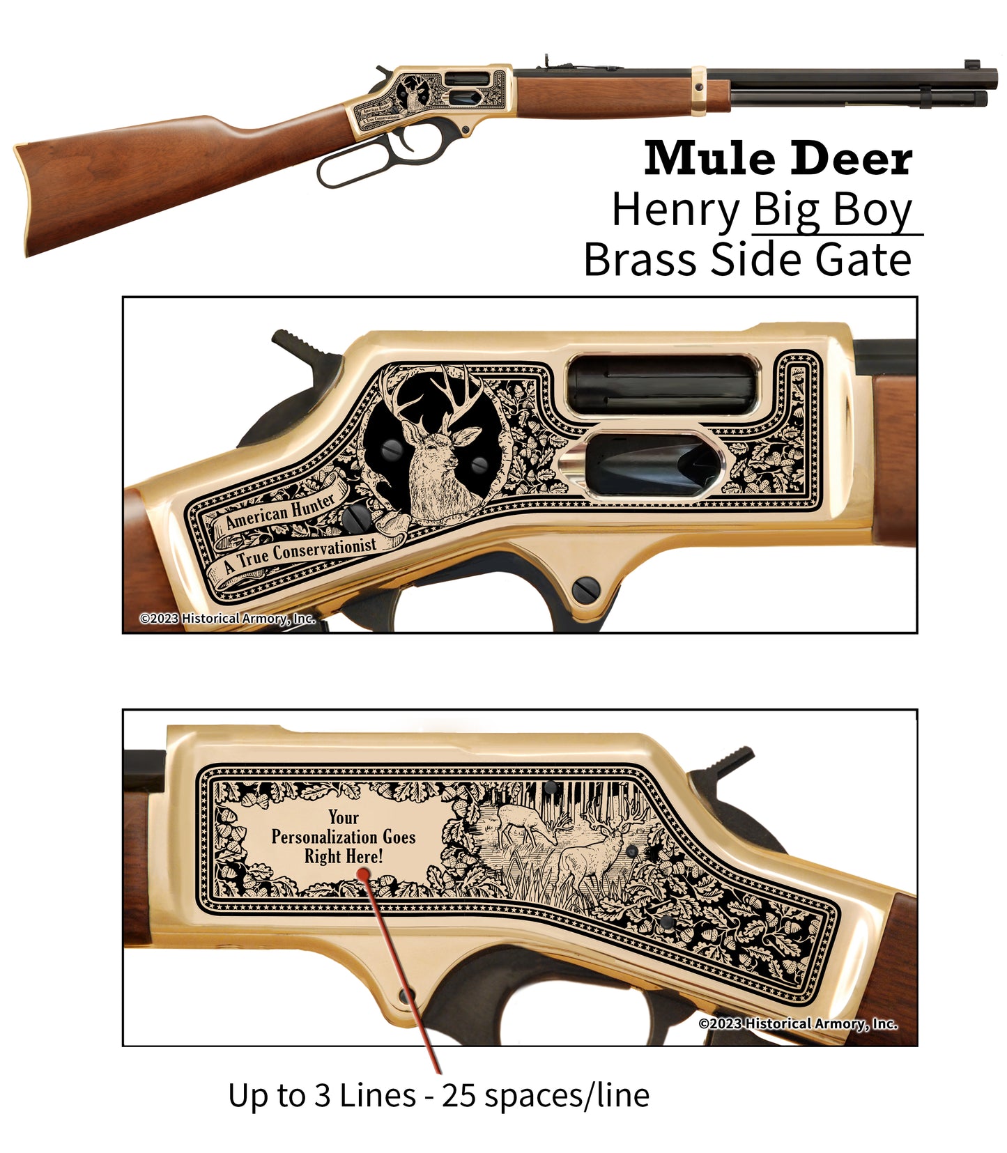 Mule Deer Personalized Hunter engraved on Henry Brass Big Boy Side Gate Rifle