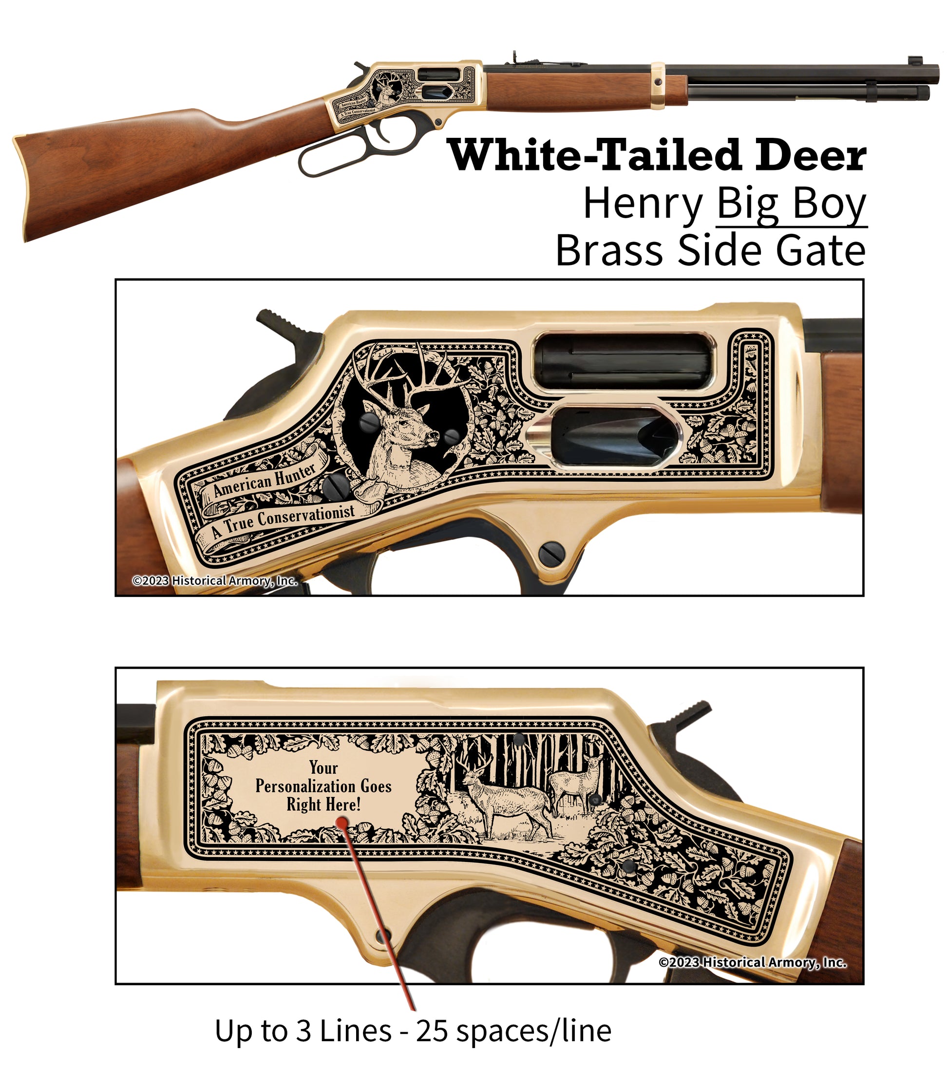 White-tailed Deer Personalized Hunter engraved on Henry Brass Big Boy Side Gate Rifle