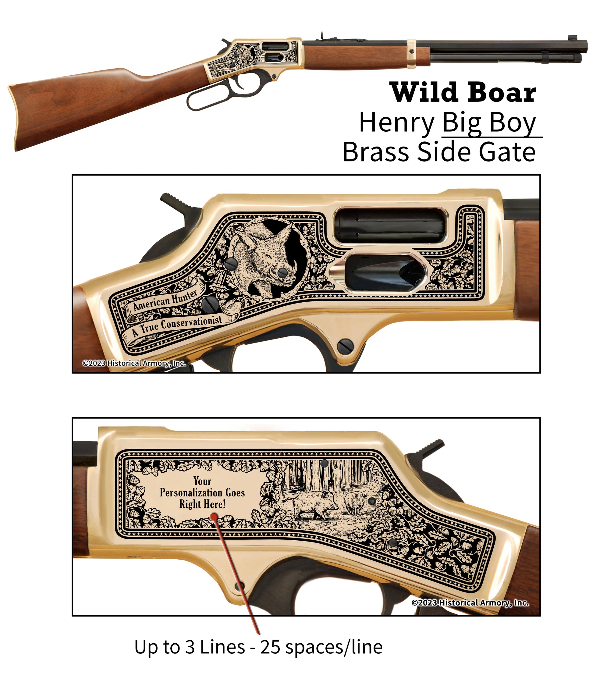 Wild Boar Personalized Hunter engraved on Henry Brass Big Boy Side Gate Rifle