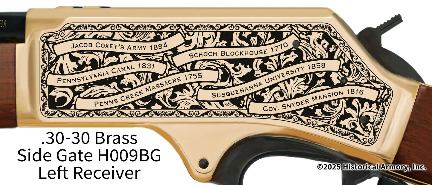 Snyder County Pennsylvania Engraved .30-30 Brass Side Gate Henry Rifle