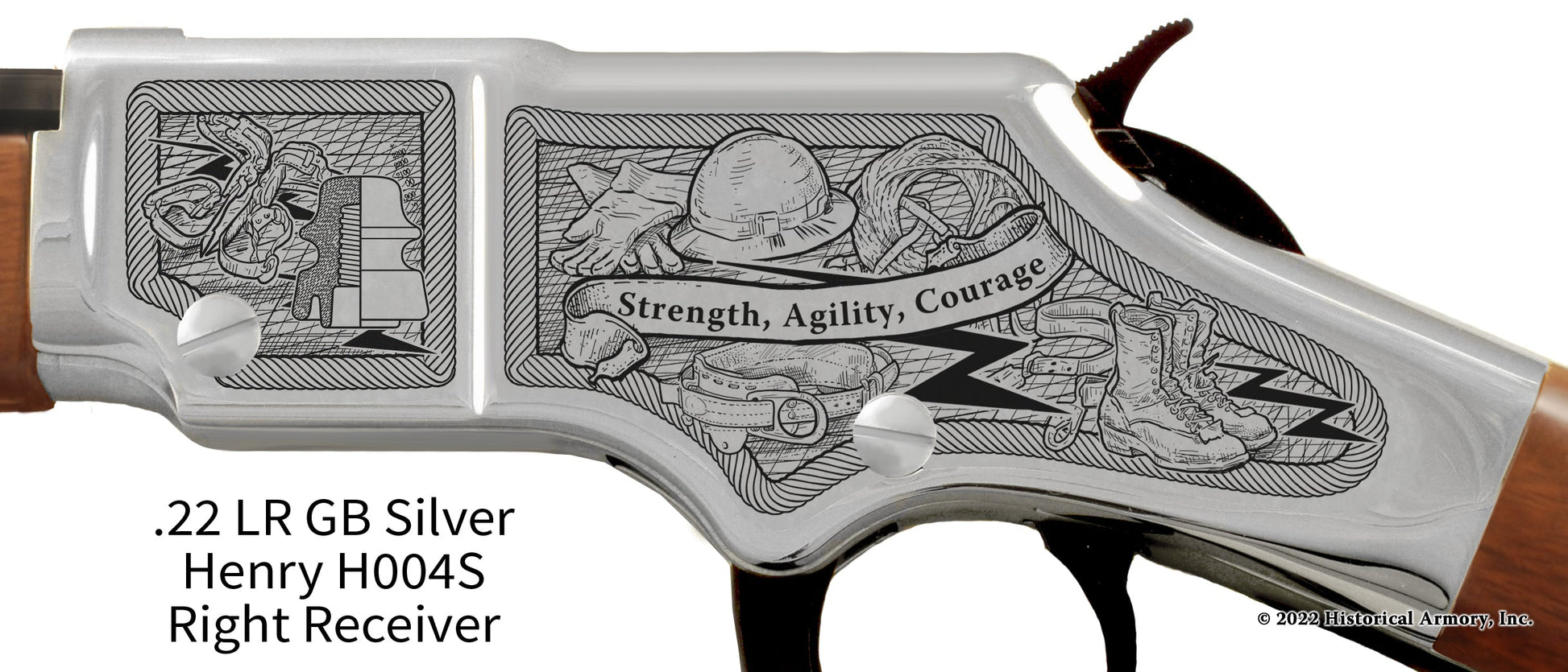 Strength, Agility, Courage - traits of the American Lineman - Golden Boy Silver Henry Rifle Engraving Detail