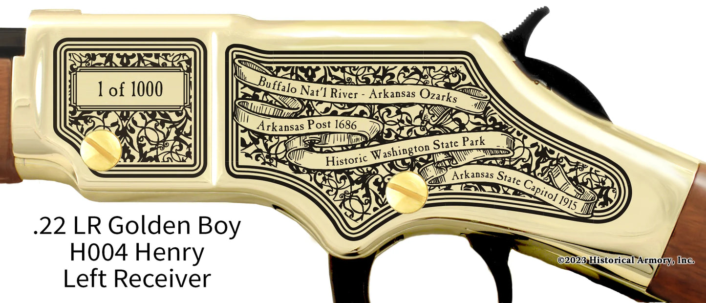 Arkansas State Pride Engraved Golden Boy Receiver detail Henry Rifle