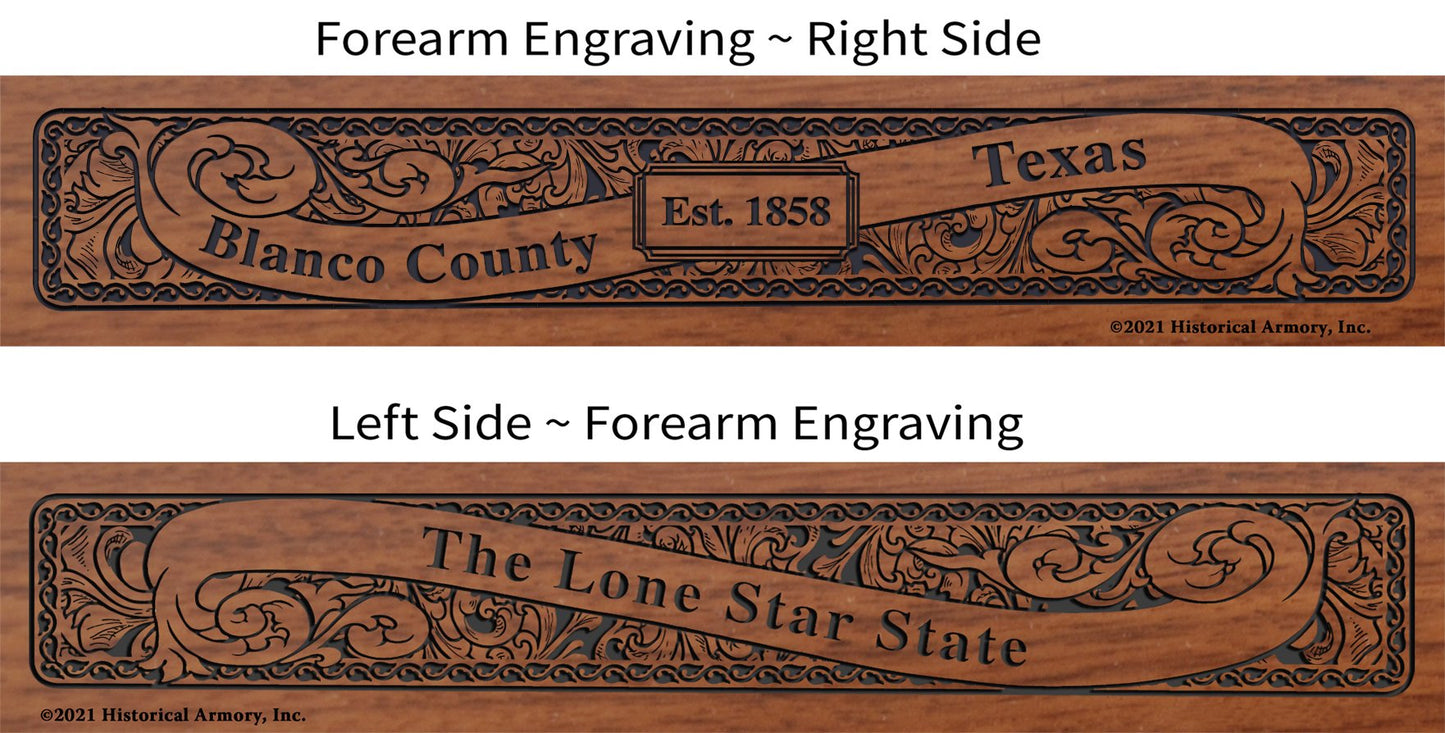 Blanco County Texas Establishment and Motto History Engraved Rifle Forearm