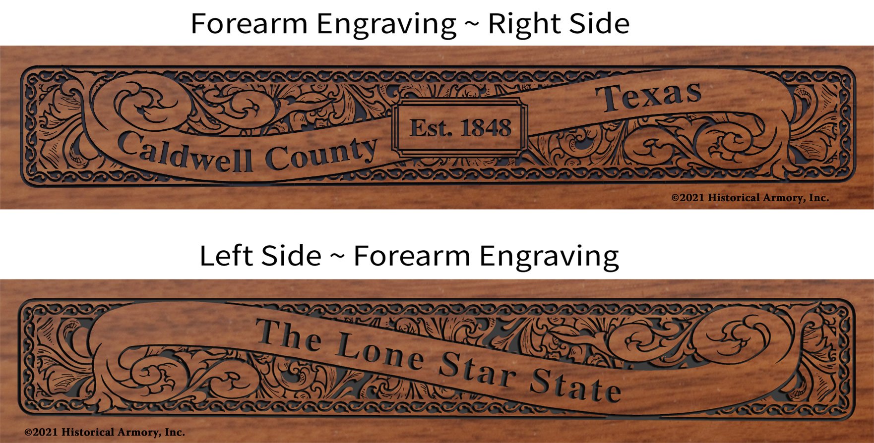 Caldwell County Texas Establishment and Motto History Engraved Rifle Forearm