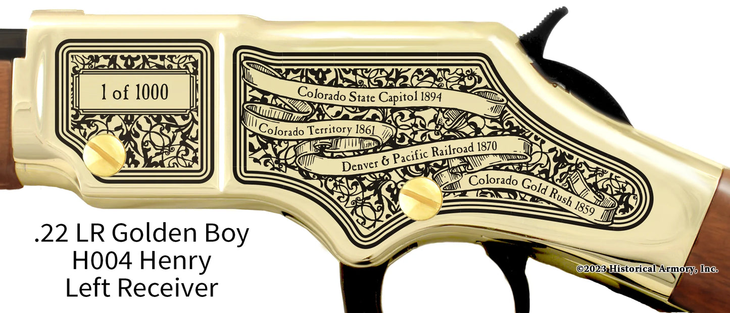 Colorado State Pride Engraved Golden Boy Receiver detail Henry Rifle