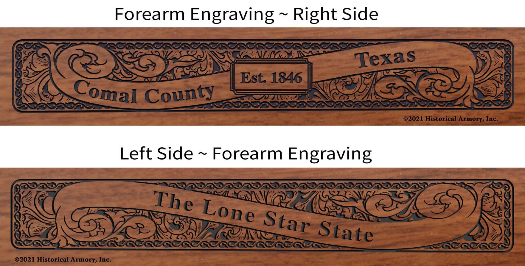 Comal County Texas Establishment and Motto History Engraved Rifle Forearm