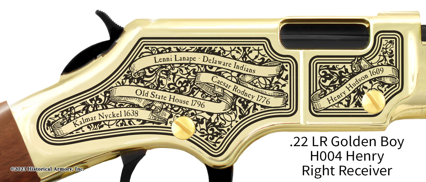 Delaware State Pride Engraved Golden Boy Receiver detail Henry Rifle