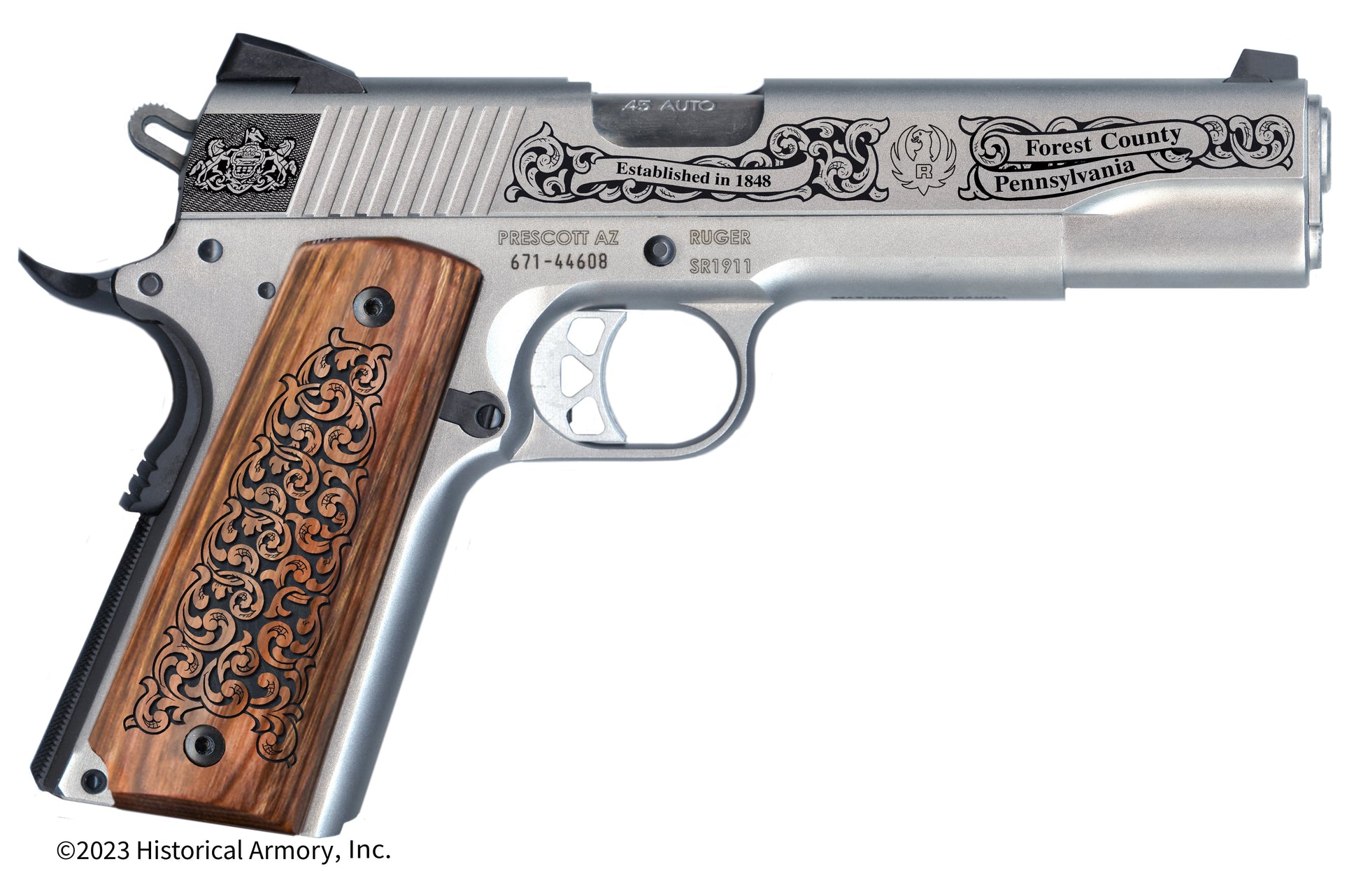 Forest County Pennsylvania Engraved .45 Auto Ruger 1911