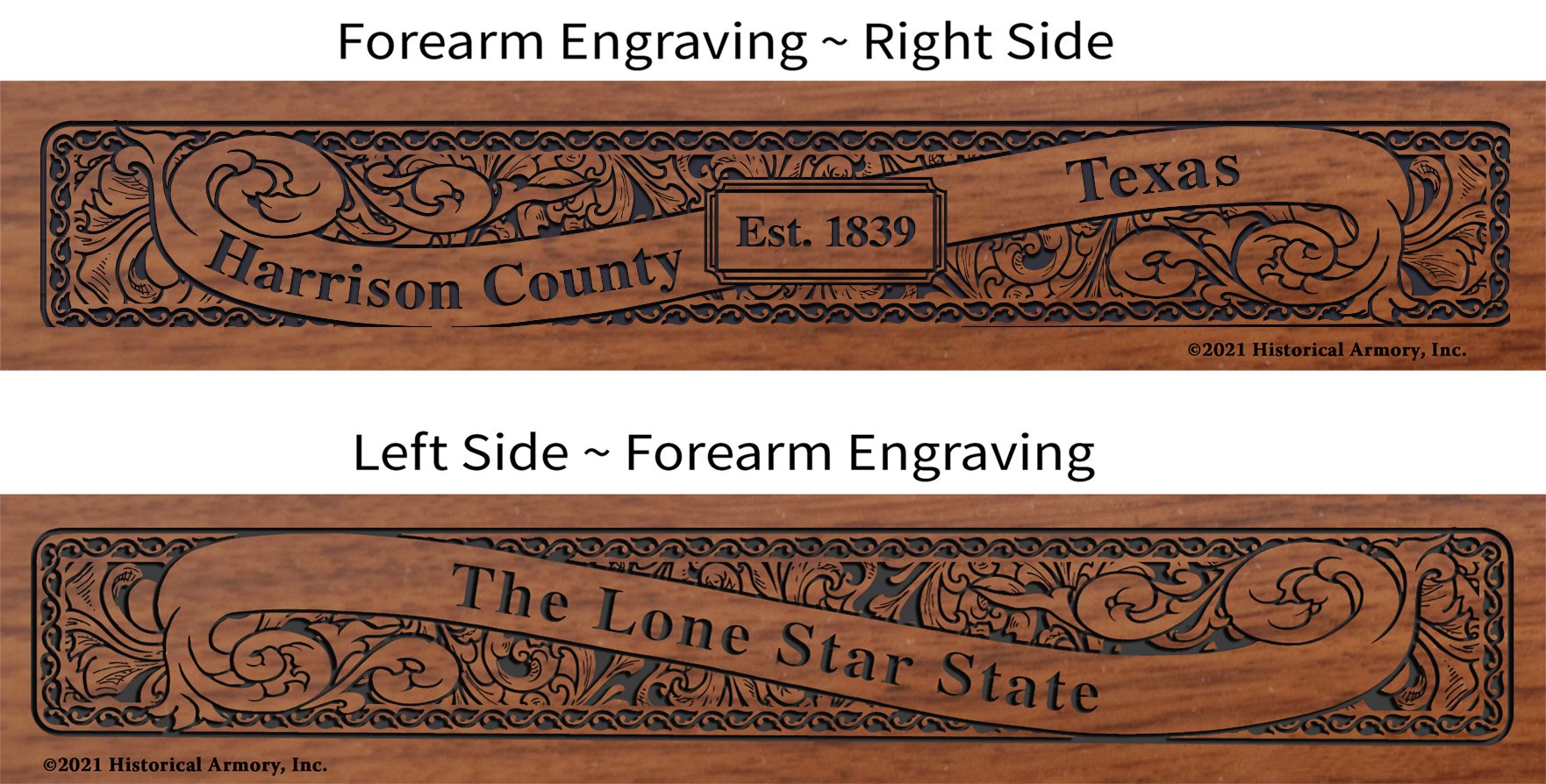 Harrison County Texas Establishment and Motto History Engraved Rifle Forearm