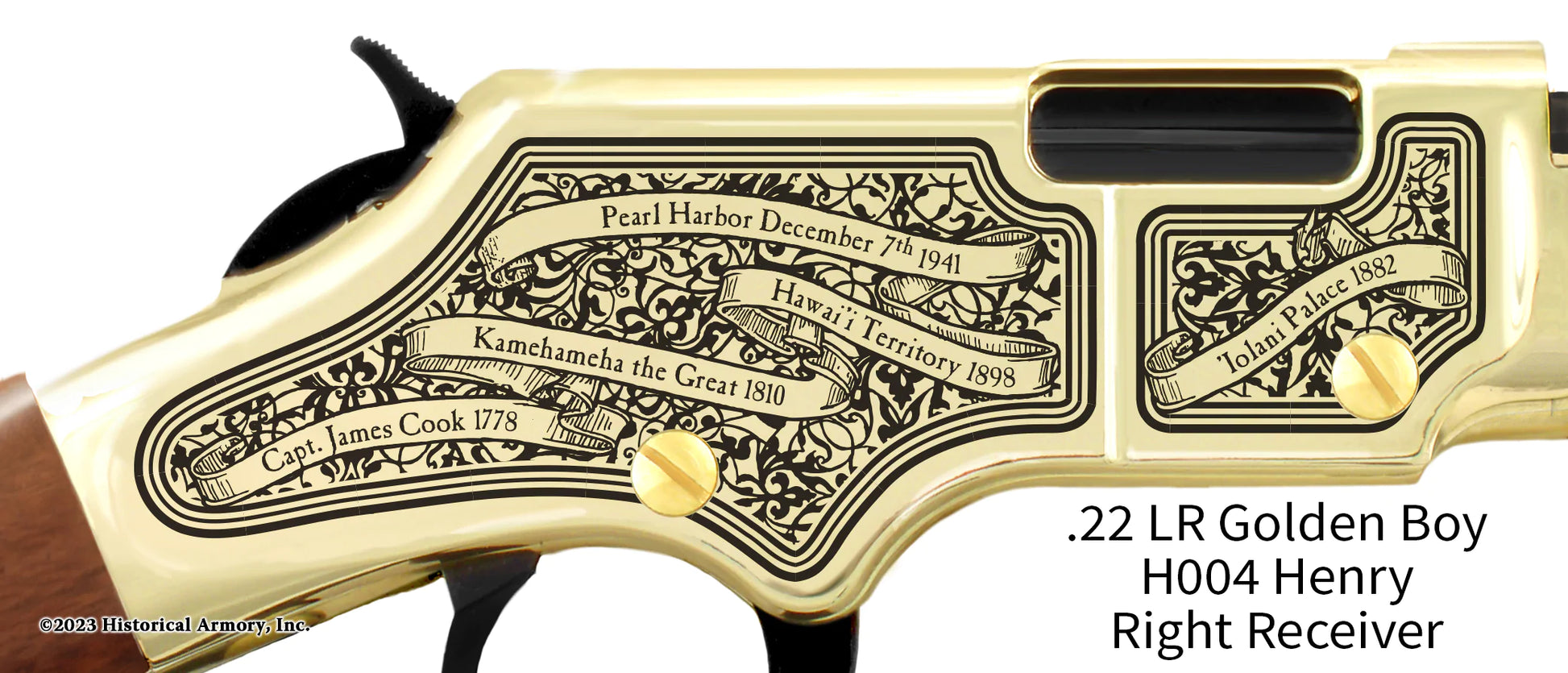 Hawaii State Pride Engraved Golden Boy Receiver detail Henry Rifle