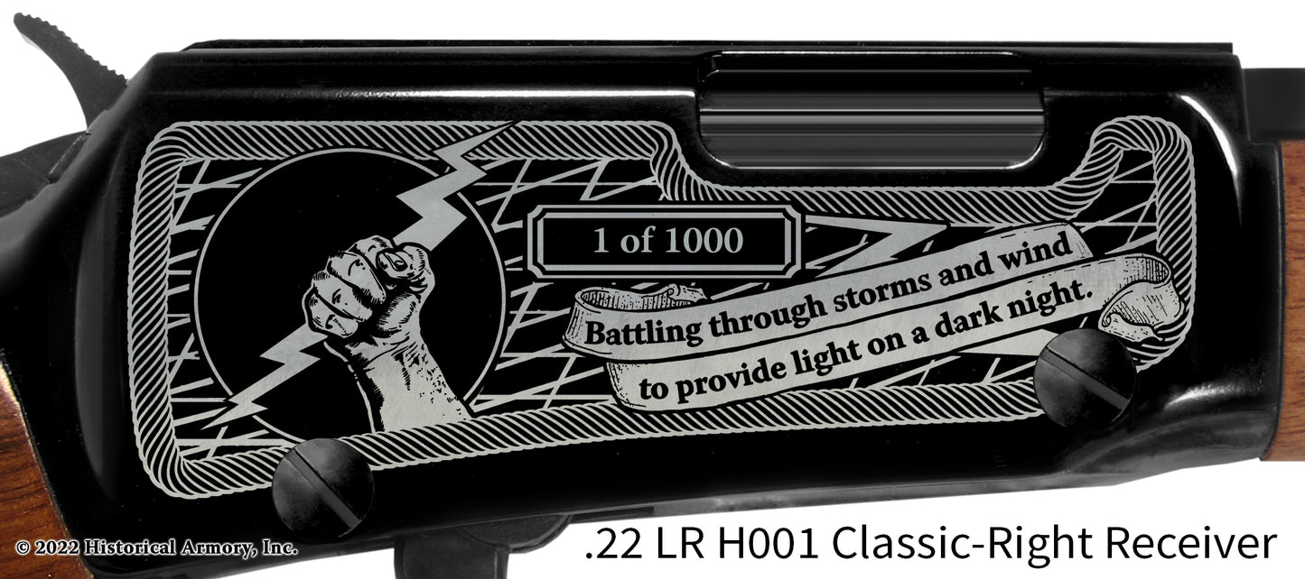 Battling through storms and wind to provide light on a dark night - engraved Henry Rifle detail