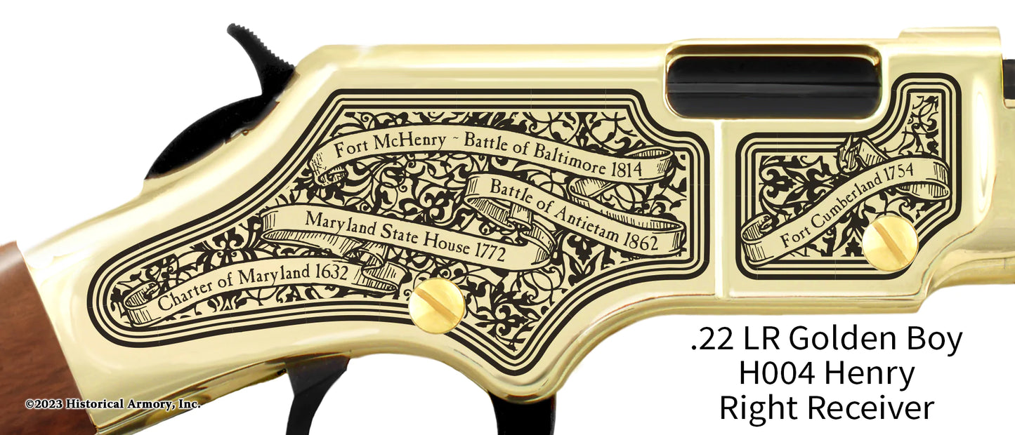 Maryland State Pride Engraved Golden Boy Receiver detail Henry Rifle