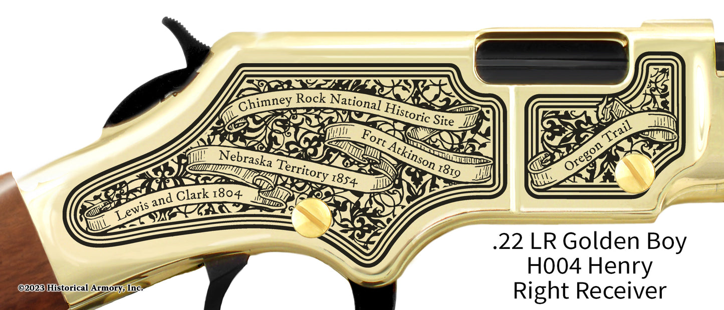 Nebraska State Pride Engraved Golden Boy Receiver detail Henry Rifle