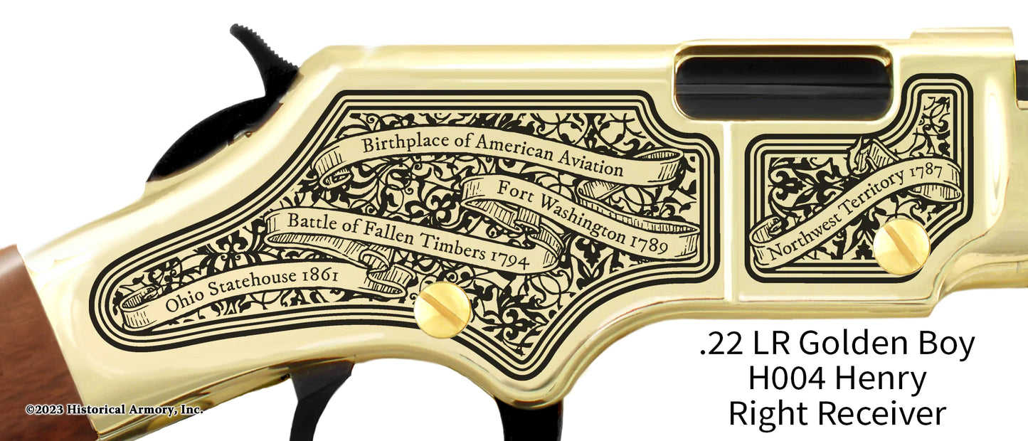 Ohio State Pride Engraved Golden Boy Receiver detail Henry Rifle