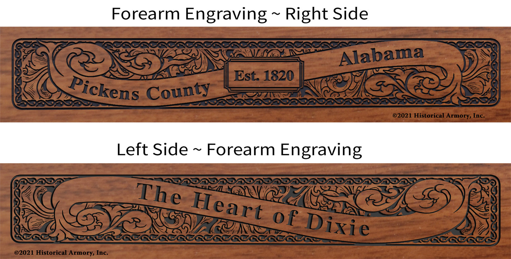 Pickens  County Alabama Establishment and Motto History Engraved Rifle Forearm