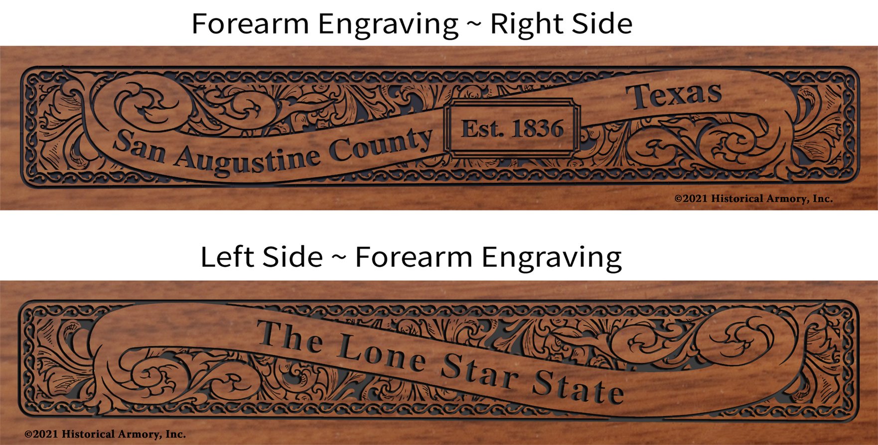 San Augustine County Texas Establishment and Motto History Engraved Rifle Forearm