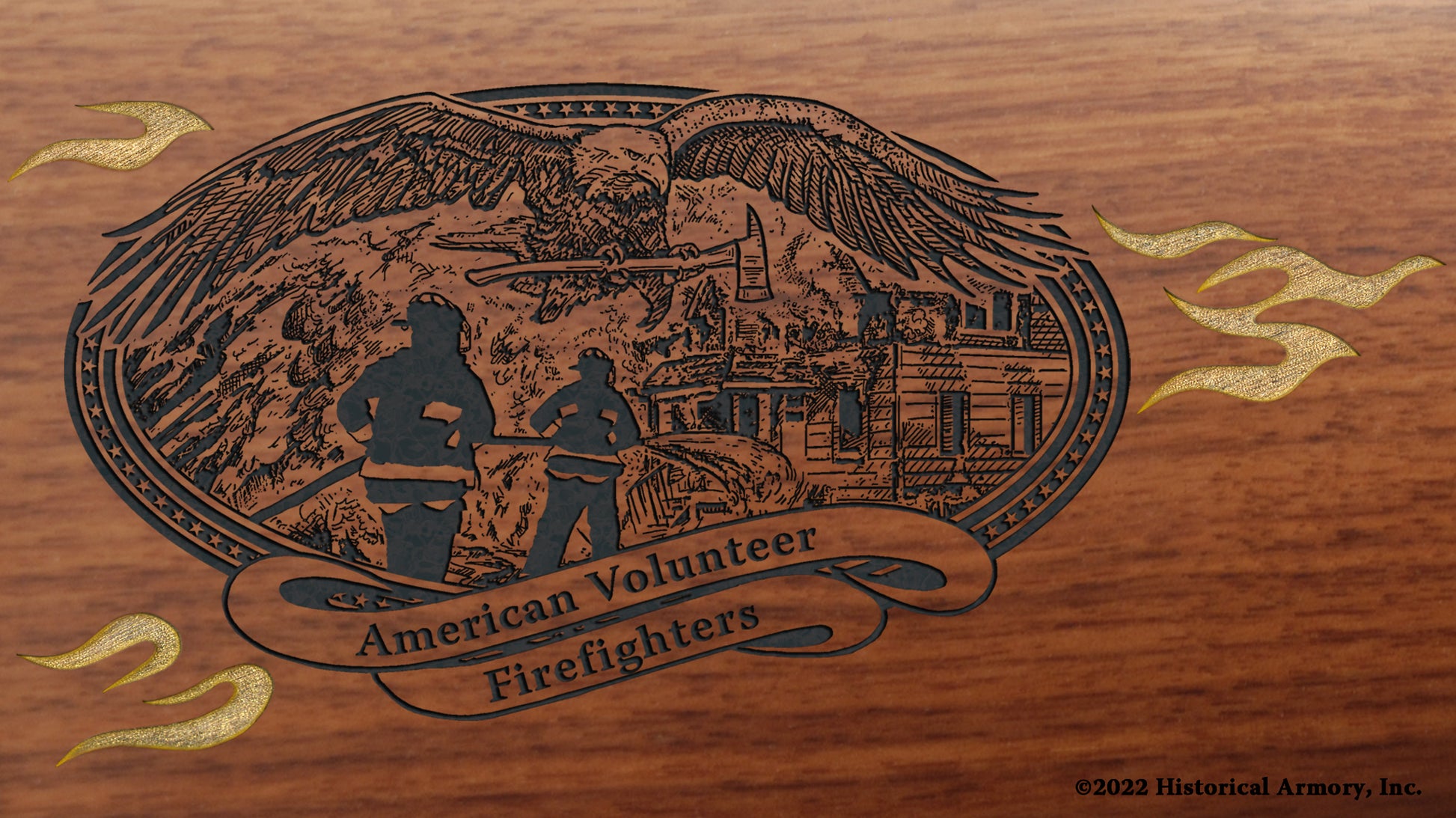 eagle with ax flying over Volunteer Firefighter Engraved Rifle